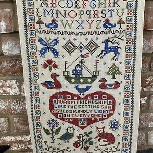 Faux Cross Stitch Embroidered Wall Hanging Sampler Design birds, butterflies etc